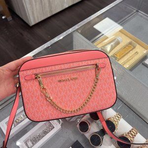 Michael Kors MK Jet Set EW Large Chain Crossbody Bright White Logo Grapefruit